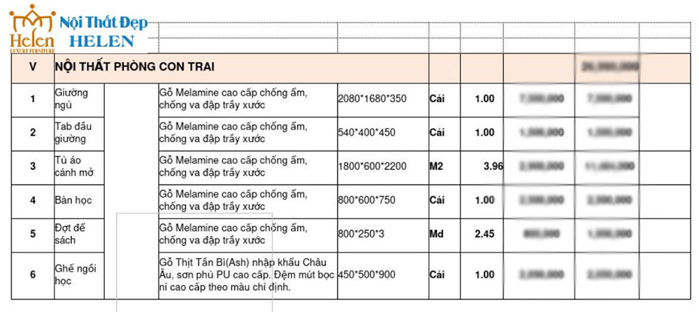 báo giá dự toán phòng ngủ con