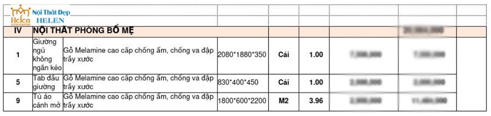 báo giá dự toán phòng ngủ