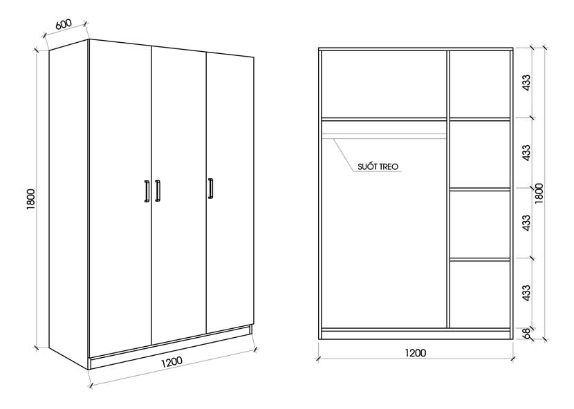 Kích thước tủ quần áo 3 cánh